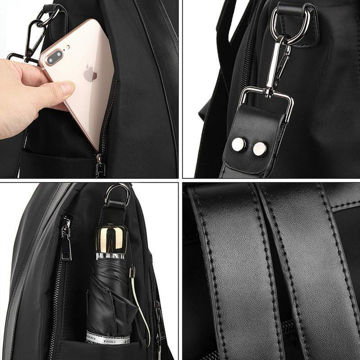 Detailansicht: Sicherer Damenrucksack mit versteckten Reißverschlüssen, wasserdichtes Material, ideal für Wertsachen.
