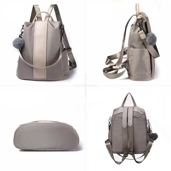 Khaki Nylon Damenrucksack, wasserdicht und stilvoll, mit Diebstahlschutz perfekt für Modebewusste.