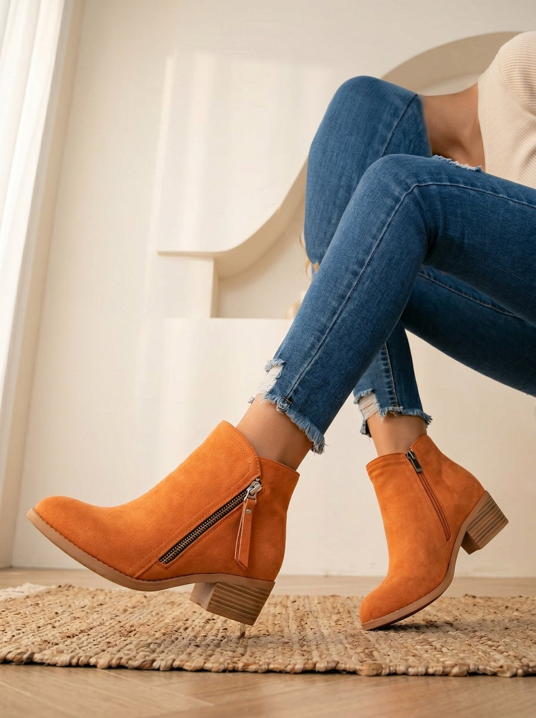 Damenstiefel mit Blockabsatz und Reißverschluss für sicheren Halt. Bequeme Stiefeletten im Herbst-Style.