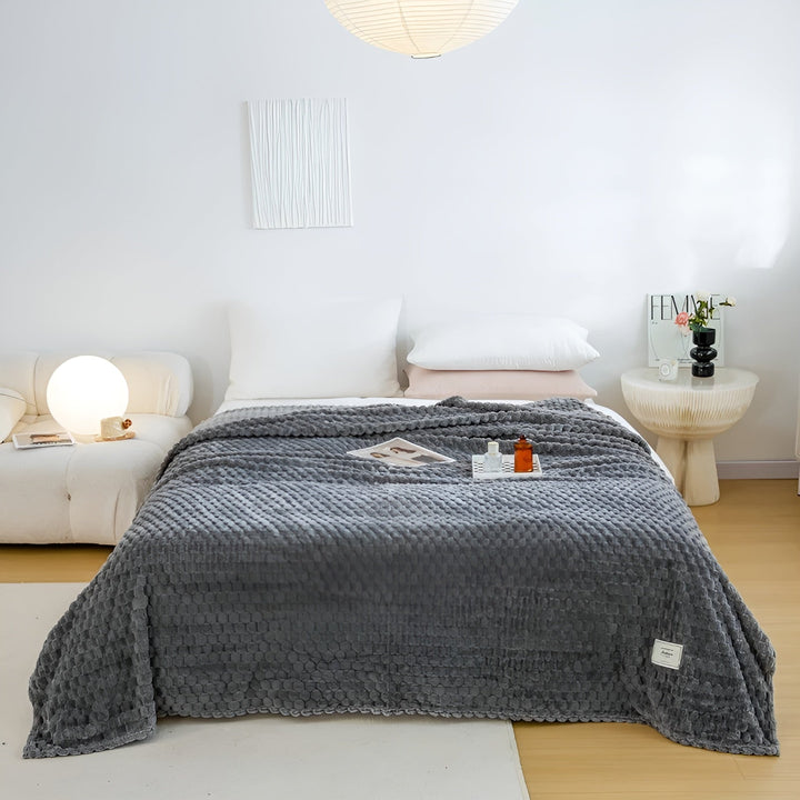 Elegante Kuscheldecke als Sofaüberwurf im Wohnzimmer. Bietet superweiche Wärme und Gemütlichkeit.