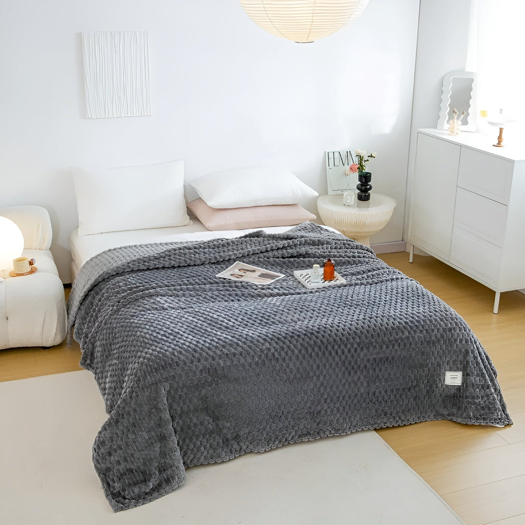 Ordentlich gefaltete, pflegeleichte Mikrofaser-Kuscheldecke. Vielseitig für Sofa oder Bett, superweich.