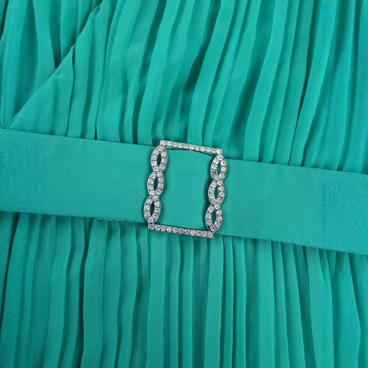 Elegantes türkises A-Linien Wickelkleid für Damen mit Kurzarm und Taillengürtel, ideal als sommerliches Abendkleid.