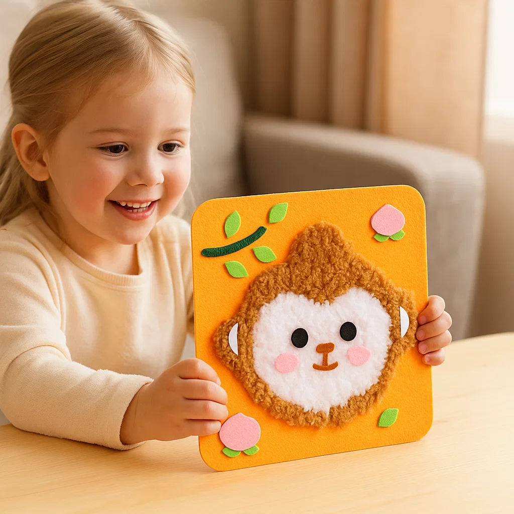 Kind stolz mit selbstgemachter Tierpuppe aus dem Stickpuppen Bastelset, fördert Kreativität.