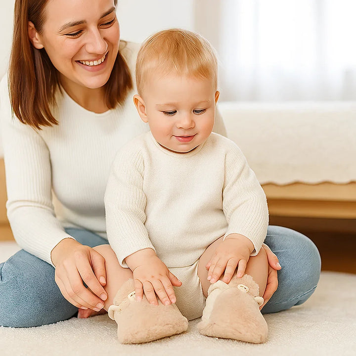 Gemütliche Baby Sockenschuhe mit flauschigem Innenfutter. Rutschfest, komfortabel und ideal für warme Füße.