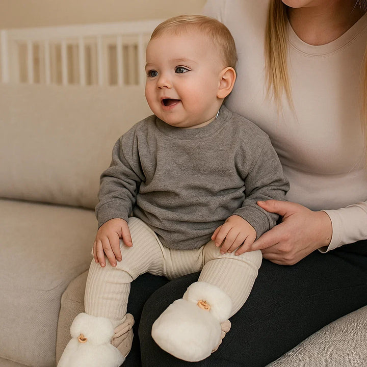 Baby Hausschuhe flauschig und rutschfest, sorgen für kuschelige Wärme. Komfortable Babymode für kleine Füße.
