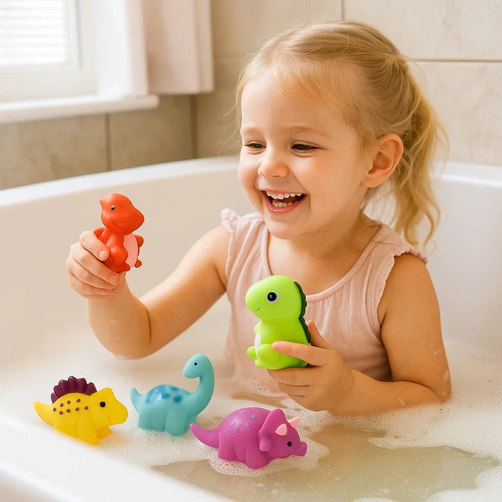 Sensorische LED-Dinosaurier als Badespielzeug für Kinder, leuchten im Wasser und fördern den Spielspaß.