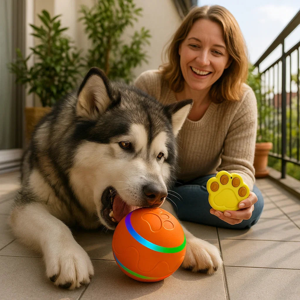 Dynamischer selbstrollender Spielball für Hunde. Robustes Hundespielzeug gegen Langeweile & für Aktivität.
