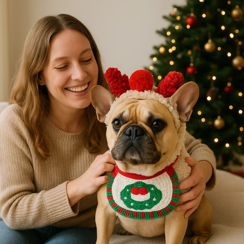Hundemodel zeigt bequemes, personalisiertes Weihnachtskostüm in einer Winterlandschaft.