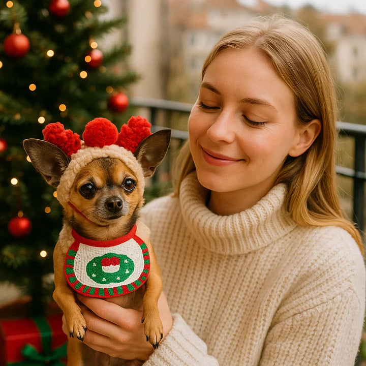 Süßer Welpe trägt einen grünen Weihnachts-Overall mit Mütze, ideal für kleine Hunde.