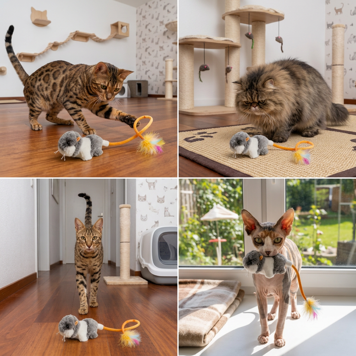 Hochwertiges interaktives Katzenspielzeug. Eine Wackelschwanz-Maus, perfekt um den Spieltrieb Ihrer Katze zu wecken.