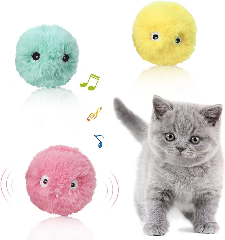 Drei interaktive Plüschbälle für Katzen mit Tiergeräuschen. Ideales Katzenspielzeug-Set zur Beschäftigung.