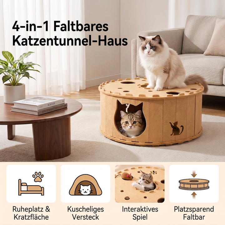 Multifunktionales faltbares Katzenbett: Spieltunnel, Kratzbaum, Versteck und komfortable Katzenhöhle.