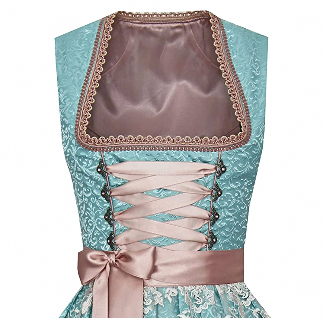 Dirndl Schürze & Bluse: Detailansicht der Spitzenbluse und farblich passenden Schürze des traditionellen Damen Dirndl Sets.
