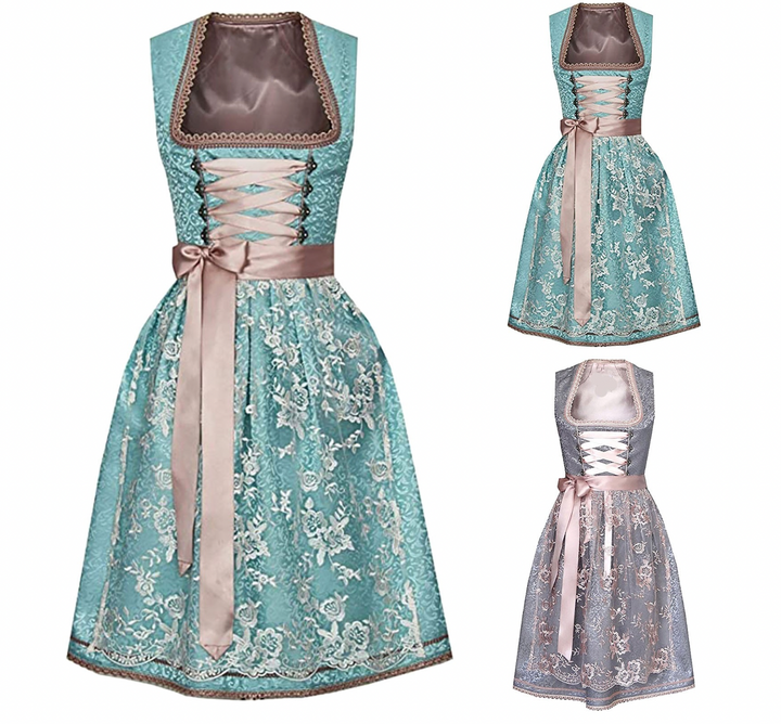 Komplettes Dirndl Outfit: Eine Frau trägt das traditionelle 3-teilige Damen Dirndl Set mit Schürze, bereit für das Fest.