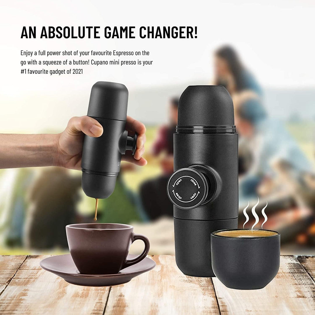 Manuelle Mini-Espressomaschine für frischen Kaffee. Tragbar für Camping, Wandern und Büro. Ideal für Espresso auf Reisen.