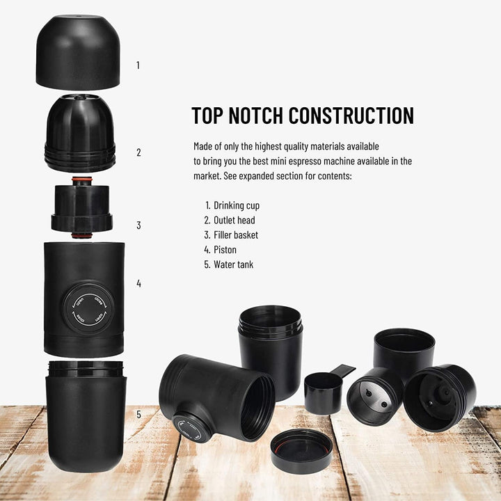 Mini Espressomaschine, sehr tragbar und leicht. Ideal für Reisen, Outdoor, Camping und Büro. Manuelle Kaffeezubereitung mobil.