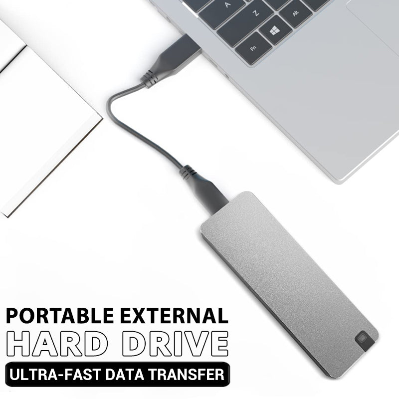 Schnelle externe SSD Festplatte mit USB 3.2, robustes Aluminium-Gehäuse für sichere Datenübertragung.