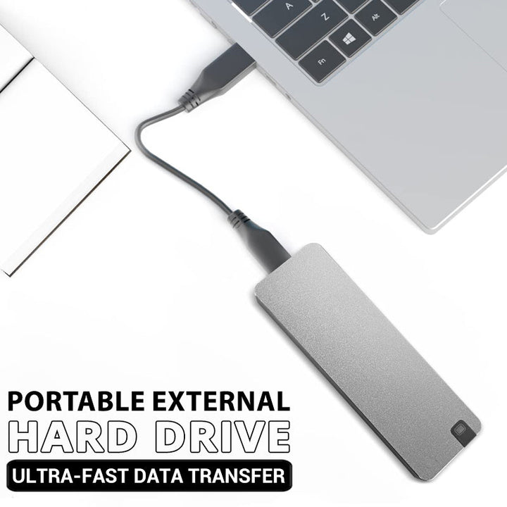 Schnelle externe SSD Festplatte mit USB 3.2, robustes Aluminium-Gehäuse für sichere Datenübertragung.