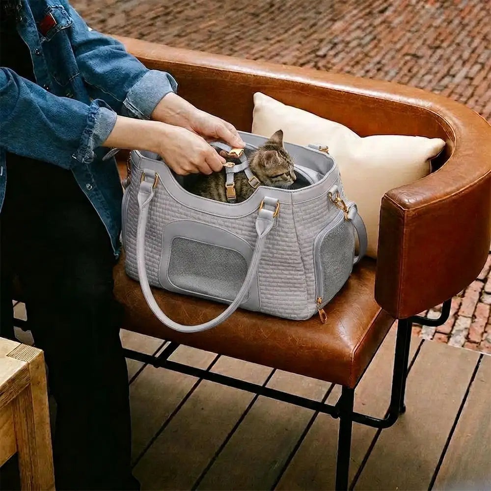 Elegante Reisetasche für Hunde & Katzen aus Kunstleder; atmungsaktiv & komfortabel.