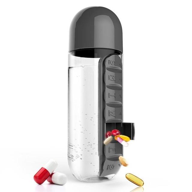Tragbare Pillendose mit integrierter Wasserflasche; ideal für Medikamente, Vitamine unterwegs.