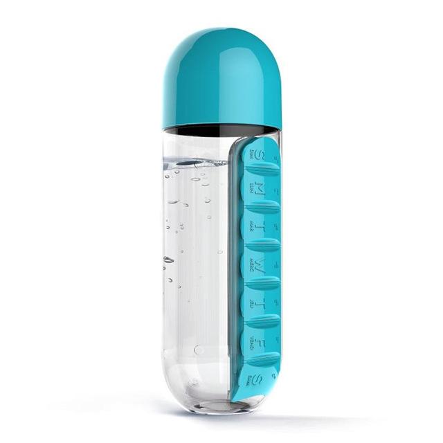 Praktische Wasserflasche mit abnehmbarem Pillen-Organizer; BPA-frei & tragbar.