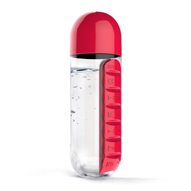 Täglicher Begleiter: Wasserflasche und Pillenbox in einem; für Ihre Gesundheit.