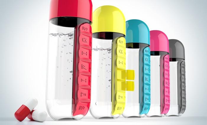 BPA-freie Trinkflasche & Medikamenten-Organizer für den Alltag; Ihr gesunder Begleiter.