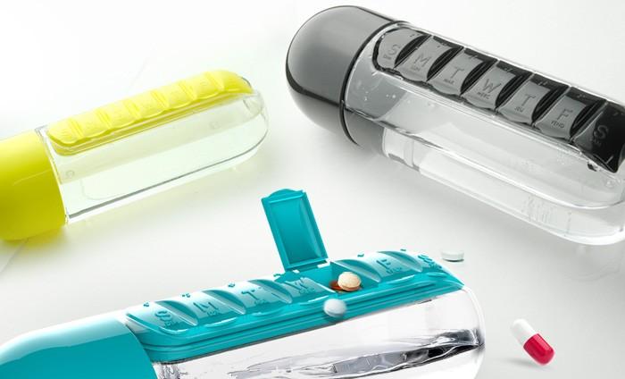 Gesundheits-Set: Trinkflasche und Pillendose für Vitamine und Medikamente to go.