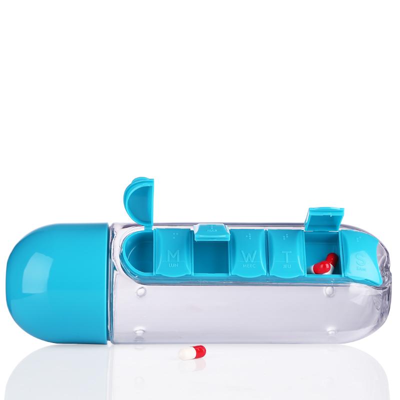 Stylische Wasserflasche und Pillen-Organizer; für mehr Gesundheit im Alltag.