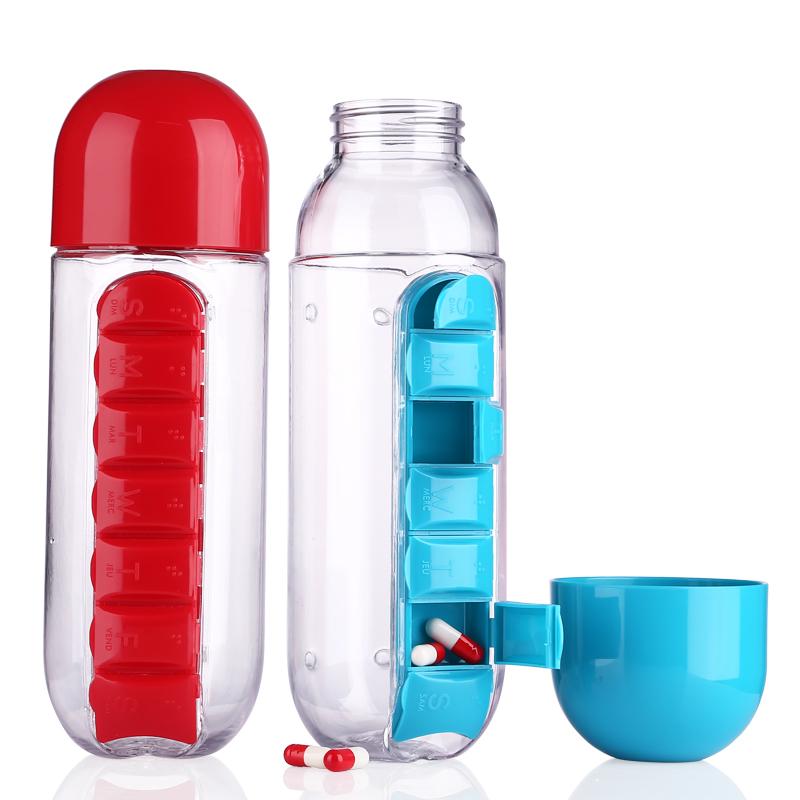 Handliche Pillendose in Wasserflasche integriert; perfekt für eine organisierte Medikamenteneinnahme.