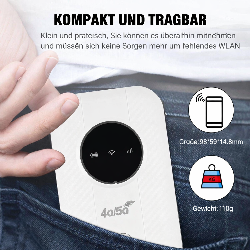 Kompakter mobiler WLAN Router mit SIM-Kartensteckplatz für universellen 4G LTE Internetzugang.