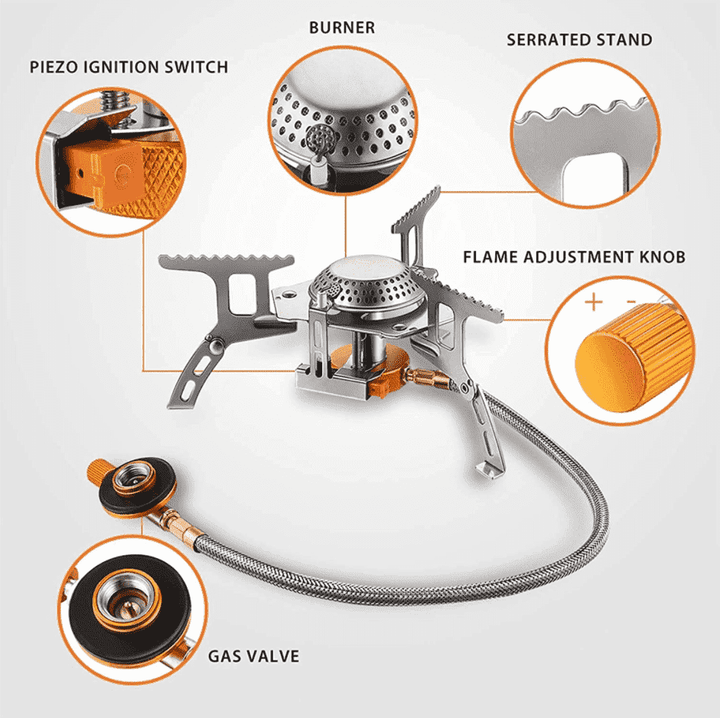 Butan/Propan Campingkocher mit Piezozündung, perfekt für schnelles Outdoor-Kochen beim Campen.