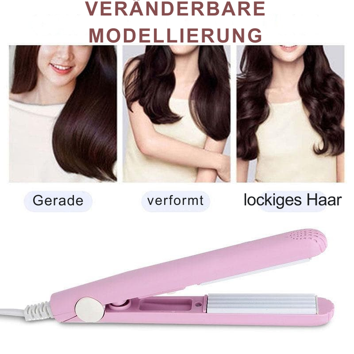 Tragbarer Damen 2-in-1 Mini Haarglätter & Lockenstab mit Keramikplatten für sanftes, schnelles Haarstyling unterwegs.