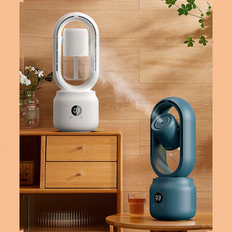 Rosa akkubetriebener Ventilator mit Luftbefeuchter & Nachtlicht. Perfekt für Sommerkühlung zuhause.