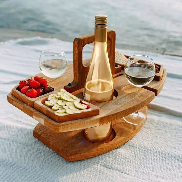 Tragbarer Picknick-Weintisch aus Holz für Outdoor-Events. Klappbar & praktisch für Garten, Strand oder Camping.