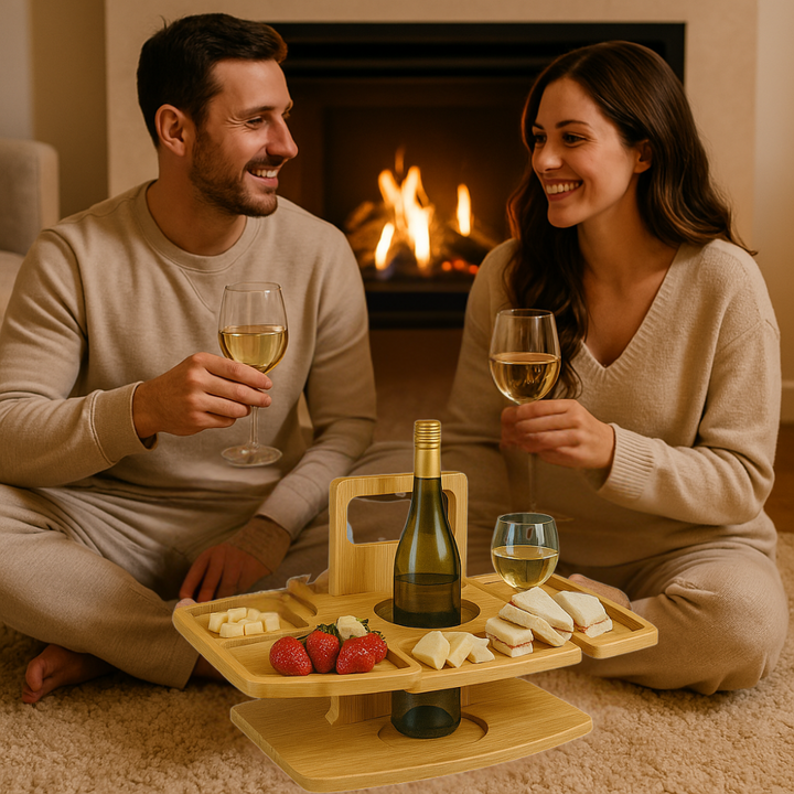 Eleganter Picknick-Weintisch mit Flaschen- & Glashaltern. Perfektes Accessoire für Weinliebhaber im Freien.