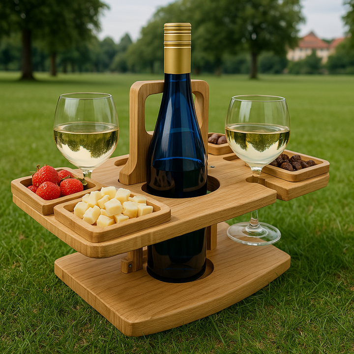 Praktischer Weintisch für Outdoor. Mit speziellen Aussparungen für Gläser & Flasche. Elegantes Design für Geselligkeit.