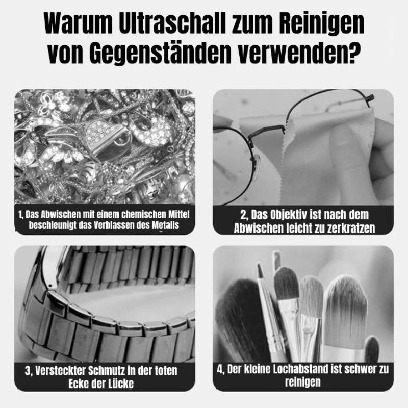 Leichter, tragbarer Reiniger ideal für die Accessoirespflege unterwegs; Ultraschalltechnologie.