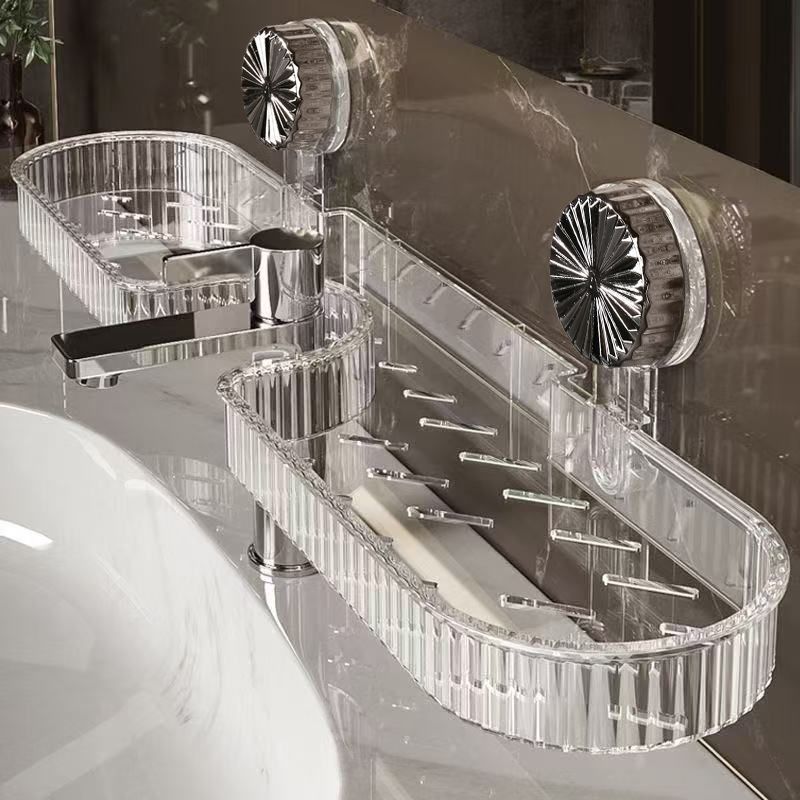 Grau transparente Saugnapf Ablage am Waschbecken, ideal für Zahnbürsten und Seife, hygienisch und praktisch.
