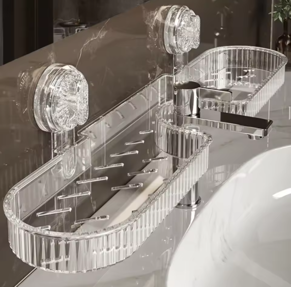 Bohrfreie Waschbecken Ablage mit Saugnäpfen für Seife & Schwamm, einfache Badezimmer Organisation, transparentes Design.
