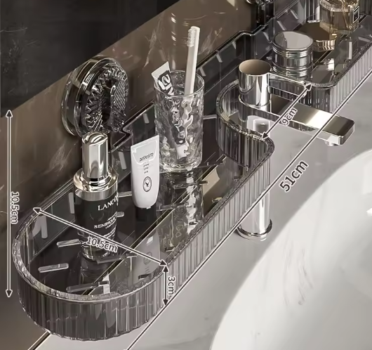 Praktisches Saugnapf Waschbecken Regal, grau transparent, für Zahnpasta, Seife und mehr, schafft Ordnung bohrfrei.