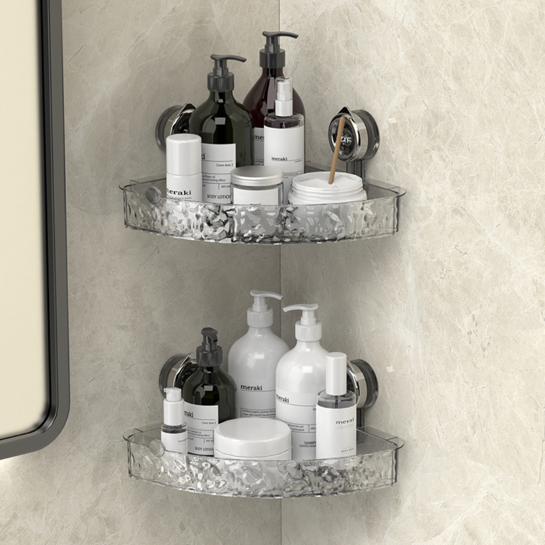 Graues Eckregal mit Saugnäpfen für Badezimmer & Dusche. Perfekt für Seife & Shampoo, einfache Organisation.