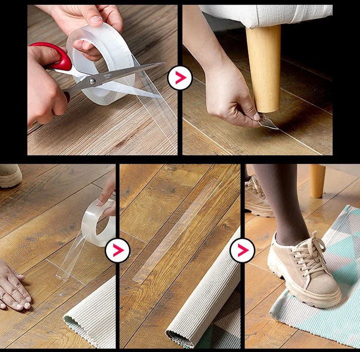 Transparentes DIY-Klebeband mit Nanotechnologie, doppelseitig, spurlos & wiederverwendbar für kreative Projekte.