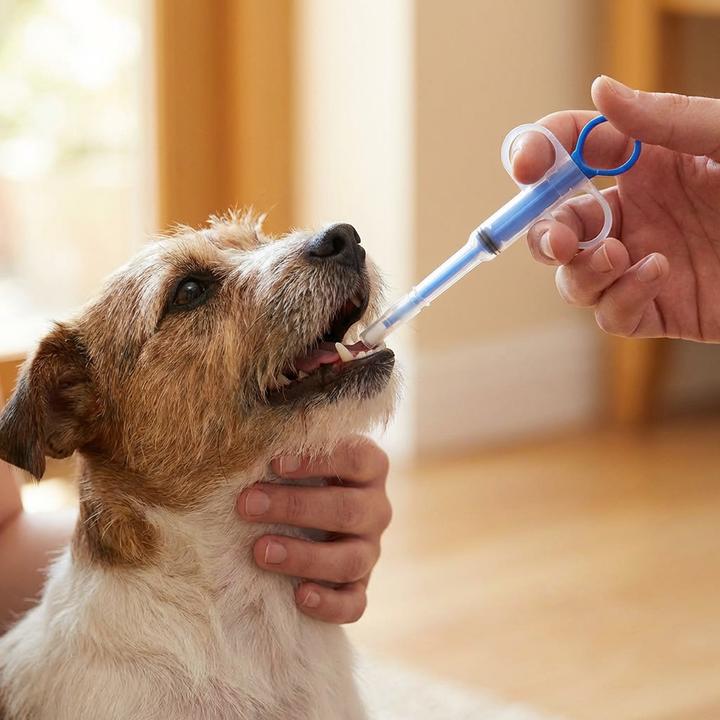 Hygienischer Tablettengeber für Haustiere auf sauberer Oberfläche; sichere Medikamentengabe für Hund & Katze.