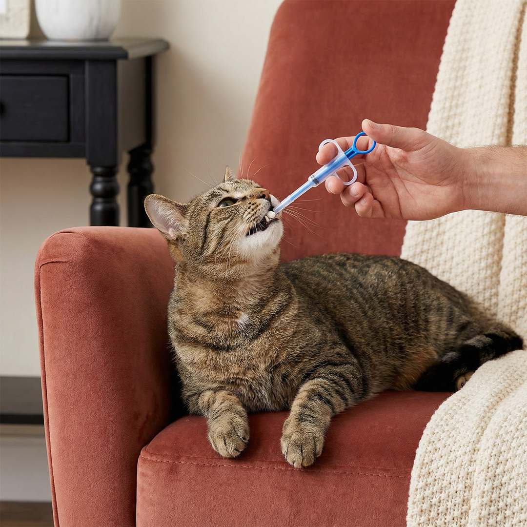 Tablettengeber für Haustiere: Nahaufnahme des einfachen Medikamentenspenders für stressfreie Hund & Katze Medikamentengabe.