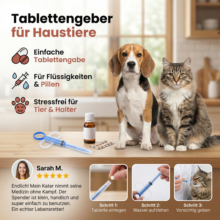 Medikamentenspender für Haustiere mit eingelegter Pille, bereit für die einfache Tiermedizin für Hund & Katze.