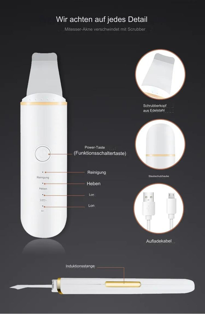 Edles Ultraschall-Gesichtspflegegerät in Weiß, für professionelle Hauterneuerung und Anti-Aging zuhause.