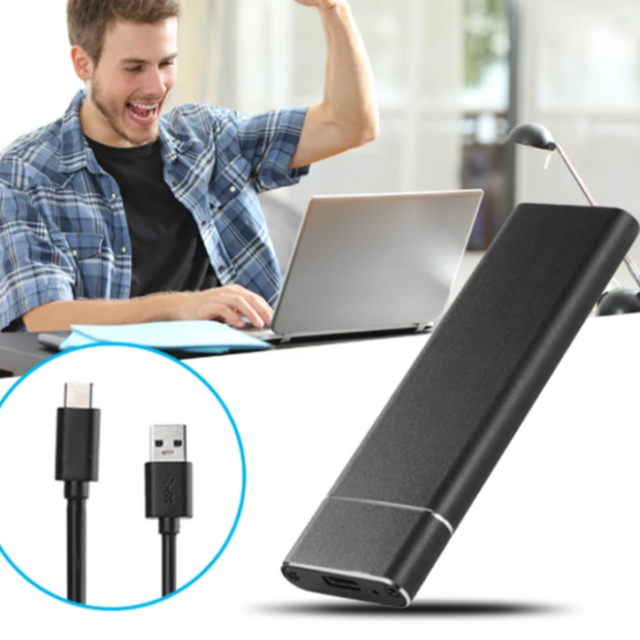 Mobile externe Festplatte aus Aluminium, schnell, mit USB-C Anschluss. Ideal für digitalen Speicher im Büro.
