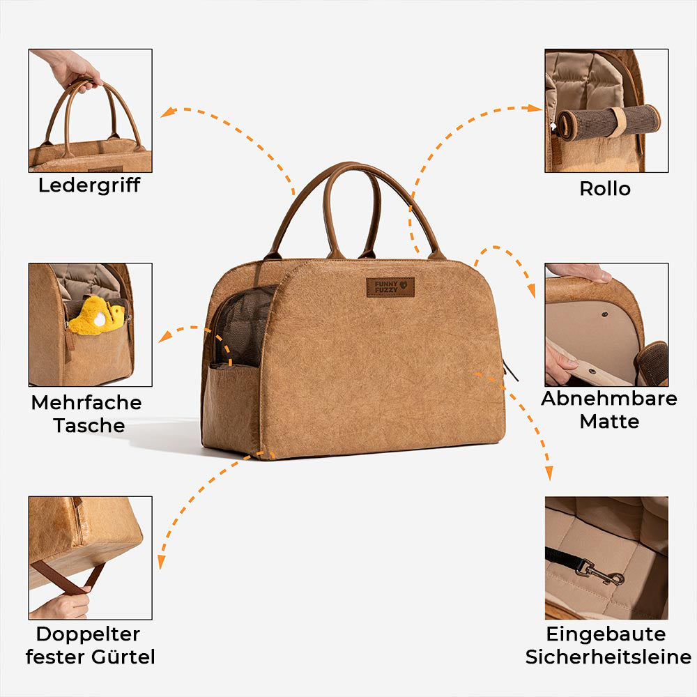 Umweltfreundliche Haustier-Reisetasche, komfortabel, braun, ideal für kleine Hunde.