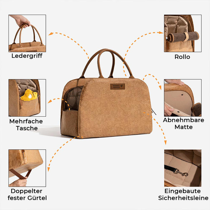 Umweltfreundliche Haustier-Reisetasche, komfortabel, braun, ideal für kleine Hunde.